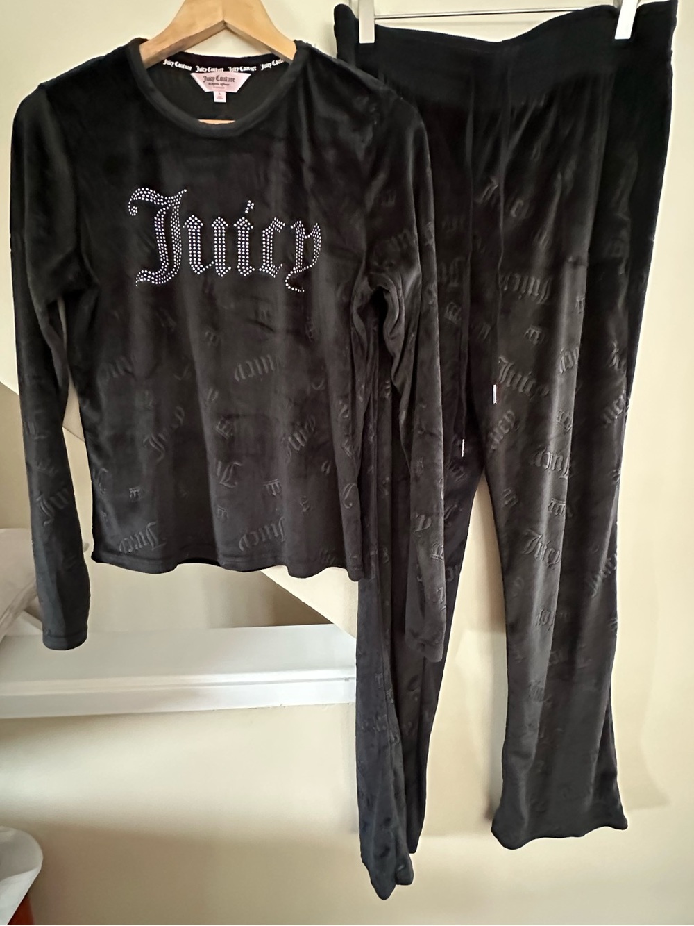 Juicy Couture Black Velour Rhinestone Logo Loungewear Set